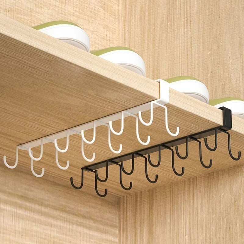 Multifunctional Double-row Storage Hook Wardrobe Cabinet Metal Shelves Hanging Hooks Punch-free Hanging Cup Holder Kitchen Tool