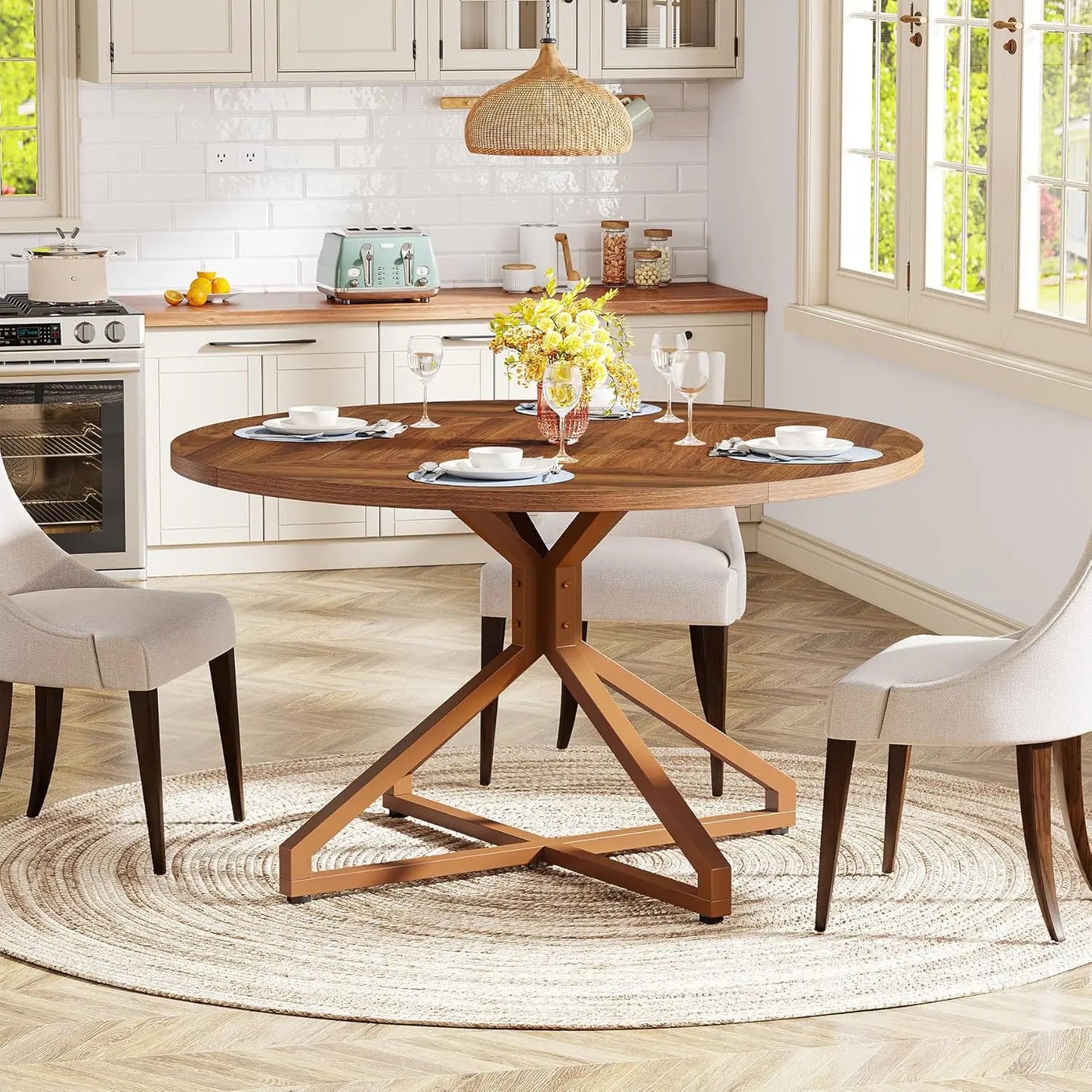 Round Dining Table for 4-6 People, 47-Inch Circle Kitchen Table Dining Room Table with Metal Pedestal Base, Wood Dinner