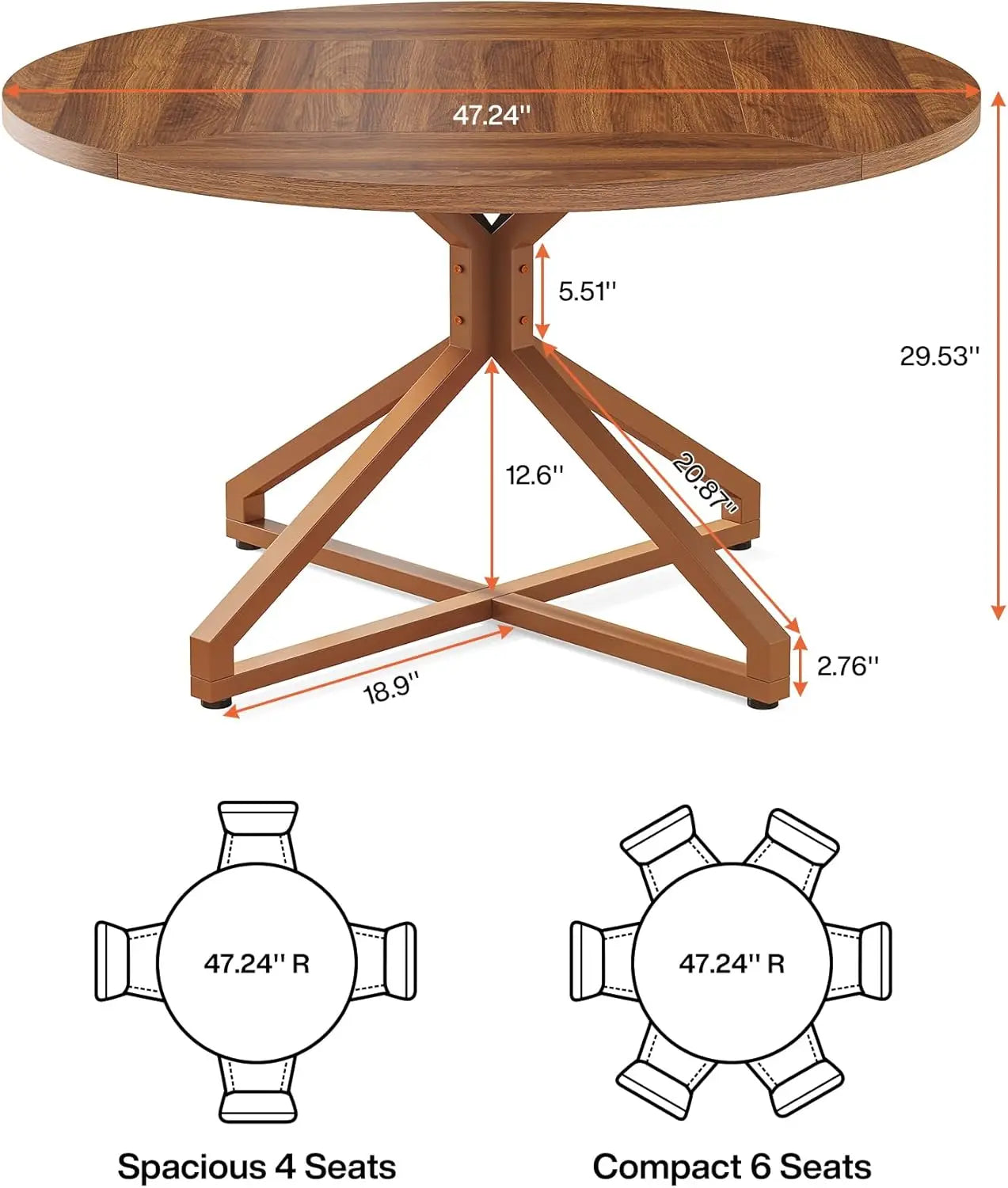 Round Dining Table for 4-6 People, 47-Inch Circle Kitchen Table Dining Room Table with Metal Pedestal Base, Wood Dinner