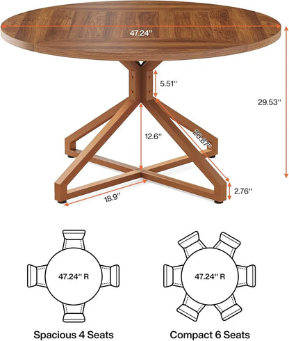 Round Dining Table for 4-6 People, 47-Inch Circle Kitchen Table Dining Room Table with Metal Pedestal Base, Wood Dinner