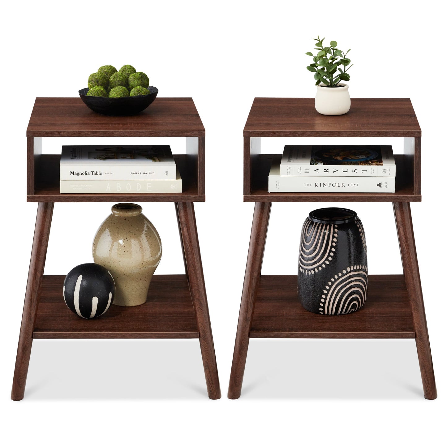 Set of 2 Mid-Century Modern End Tables w/ Cubby, Shelf