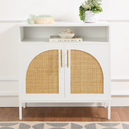 2-Door Rattan Cabinet, Buffet, w/ Cord Cutout & Storage Shelf, Natural