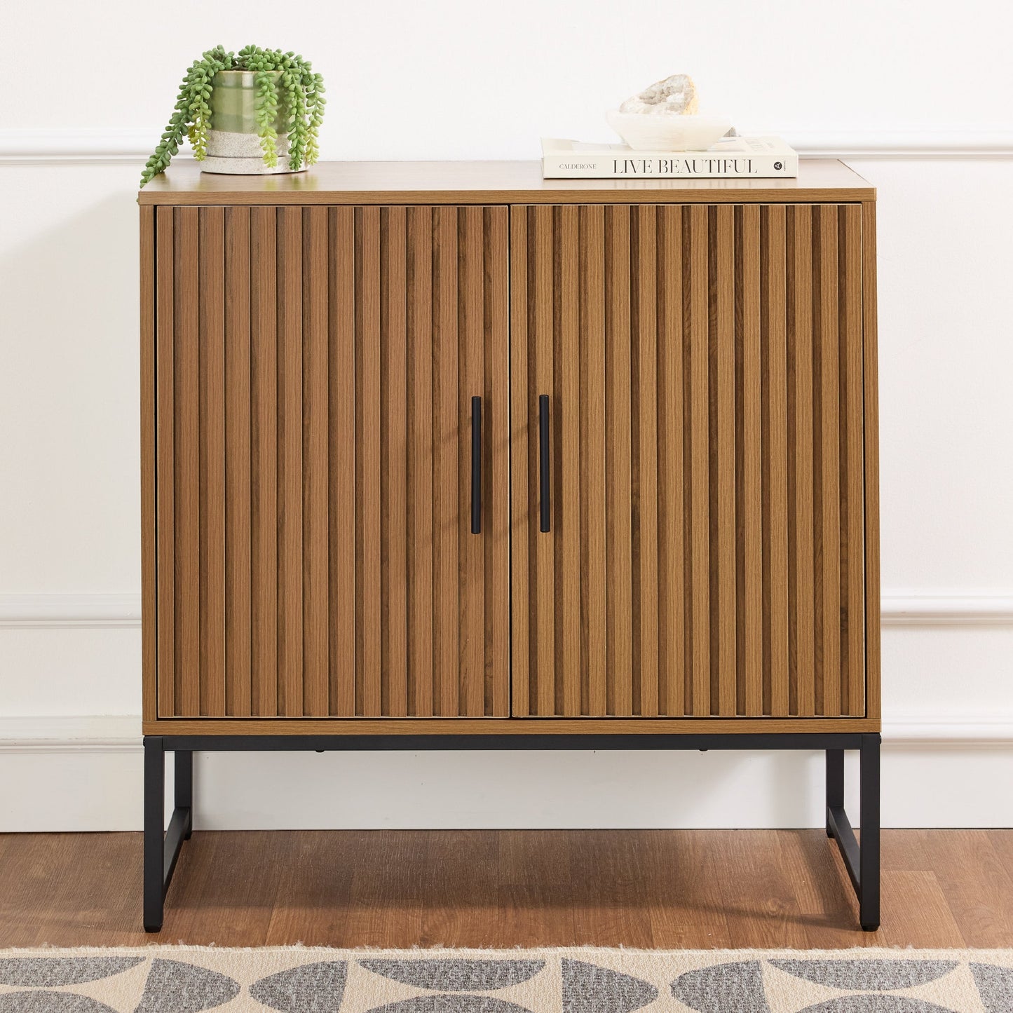 2-Door Slatted Storage Cabinet Accent Furniture w/ Foot Pads