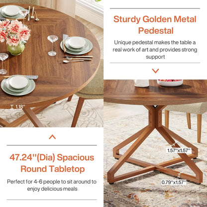 Round Dining Table for 4-6 People, 47-Inch Circle Kitchen Table Dining Room Table with Metal Pedestal Base, Wood Dinner