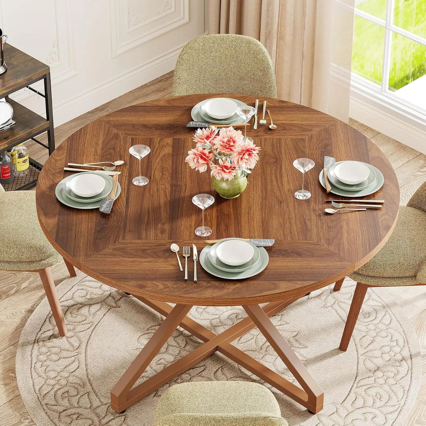 Round Dining Table for 4-6 People, 47-Inch Circle Kitchen Table Dining Room Table with Metal Pedestal Base, Wood Dinner