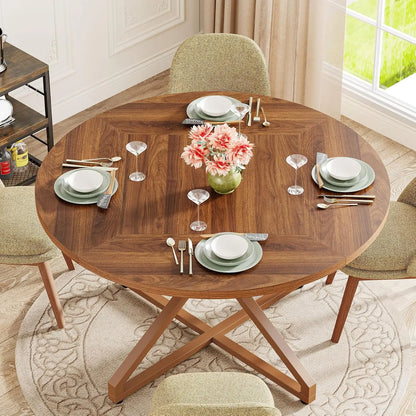 Round Dining Table for 4-6 People, 47-Inch Circle Kitchen Table Dining Room Table with Metal Pedestal Base, Wood Dinner