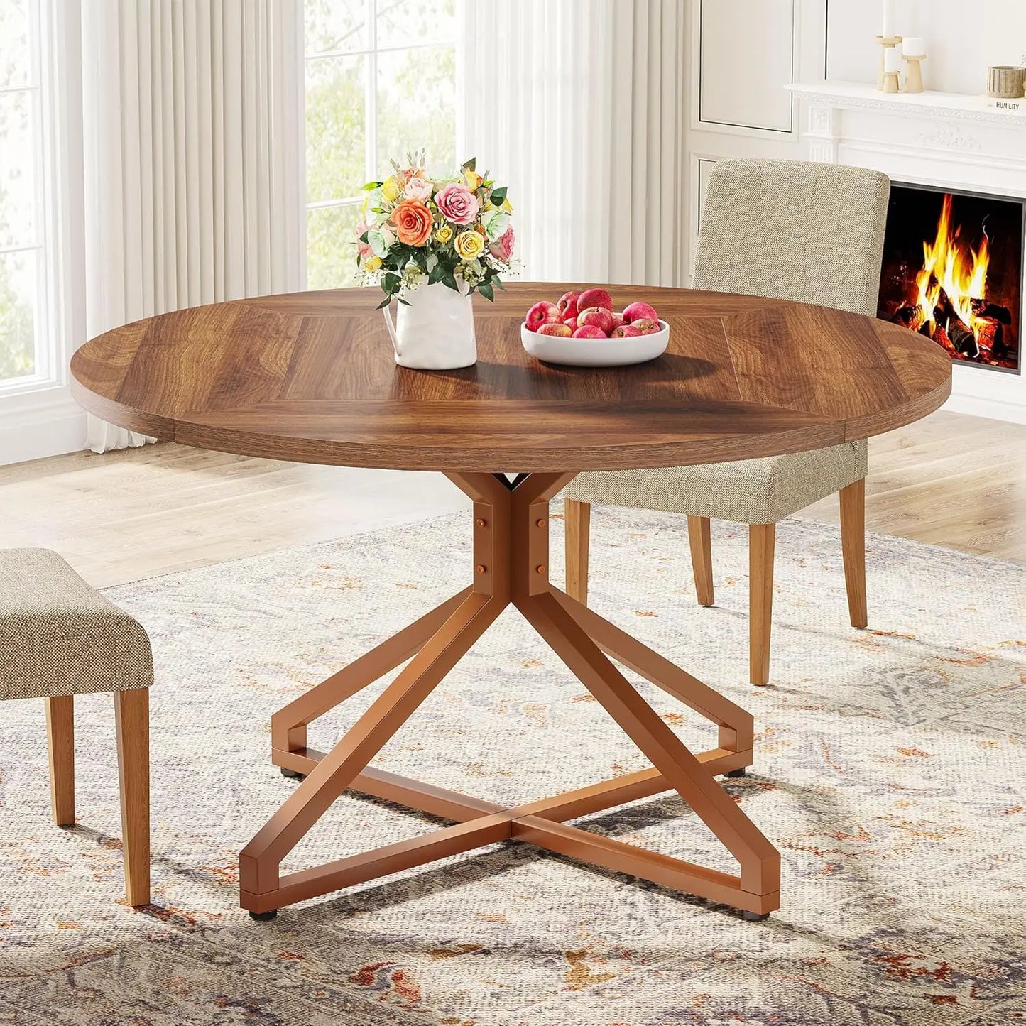 Round Dining Table for 4-6 People, 47-Inch Circle Kitchen Table Dining Room Table with Metal Pedestal Base, Wood Dinner