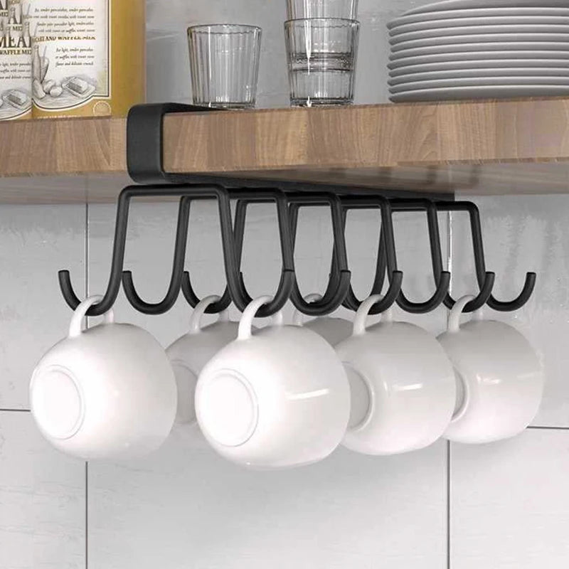 Multifunctional Double-row Storage Hook Wardrobe Cabinet Metal Shelves Hanging Hooks Punch-free Hanging Cup Holder Kitchen Tool