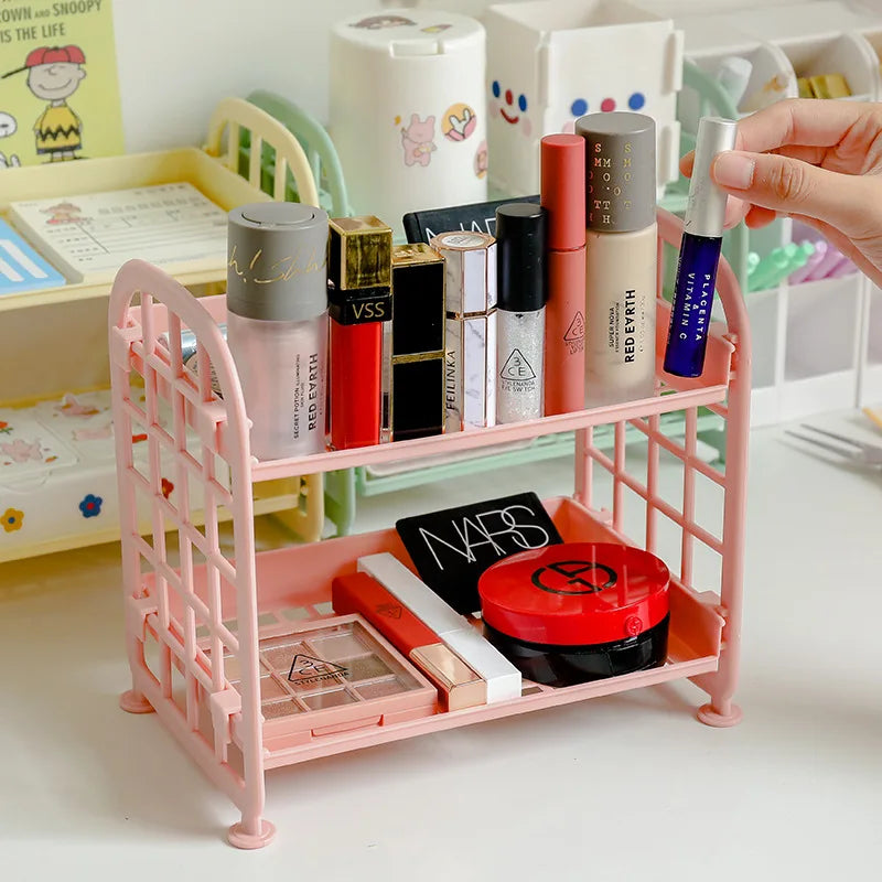 Kawaii Macaron Minimalist Desk Desktop Organizer Storage Rack Student Dormitory Folding Hollow Shelf Skin Care Storage Shelf