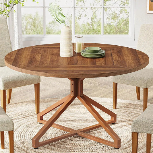 Round Dining Table for 4-6 People, 47-Inch Circle Kitchen Table Dining Room Table with Metal Pedestal Base, Wood Dinner