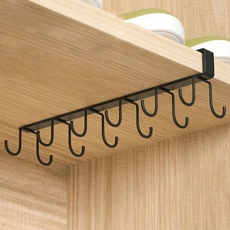 Multifunctional Double-row Storage Hook Wardrobe Cabinet Metal Shelves Hanging Hooks Punch-free Hanging Cup Holder Kitchen Tool